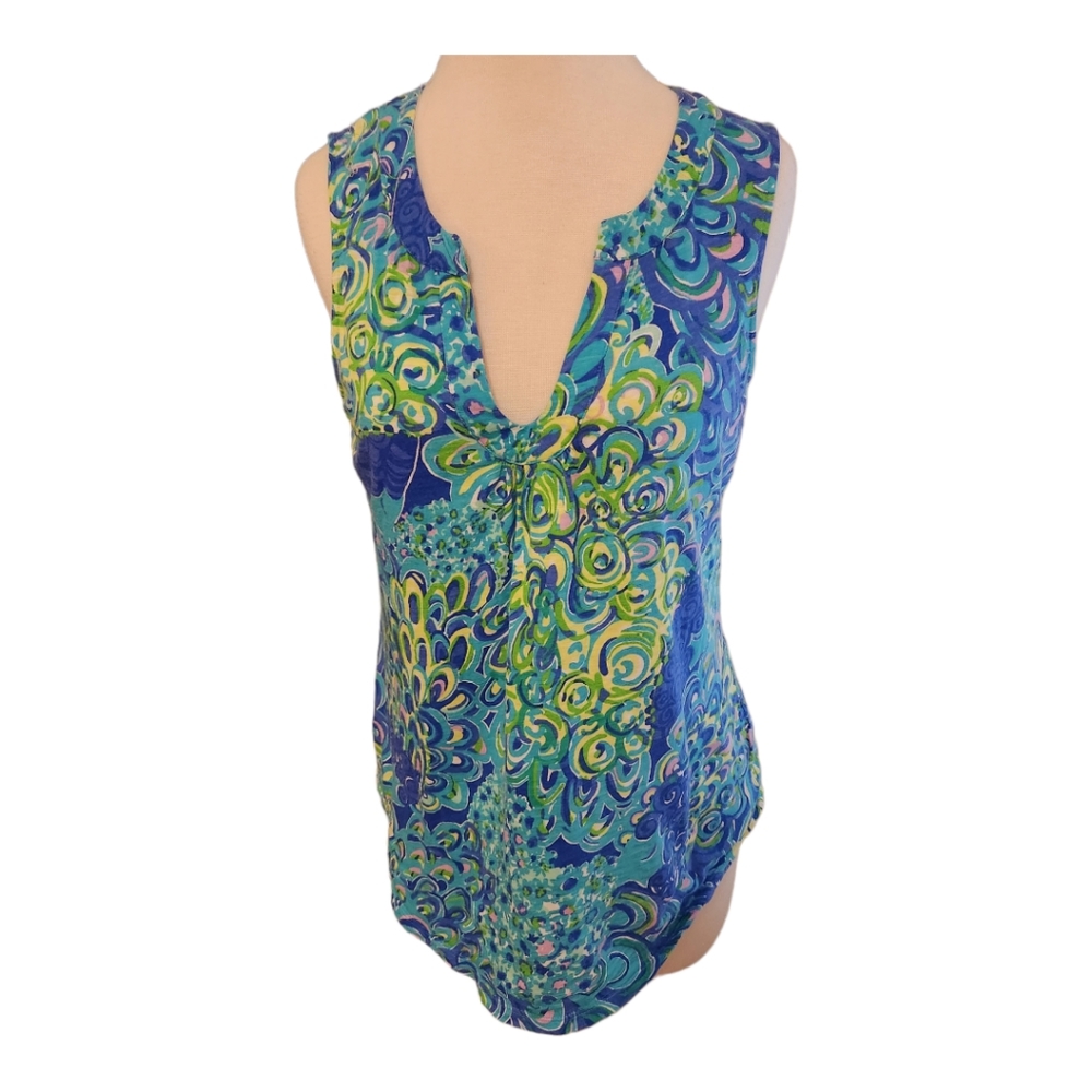 Lilly Pulitzer Blue Green Floral Print Sleeveless Tank